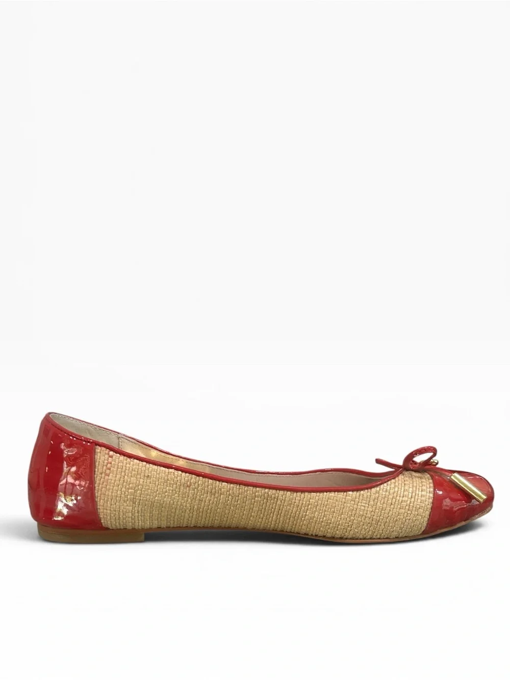 Michael Kors Jordana Ballet Flats Red Patent Straw 7M Bow MK Logo